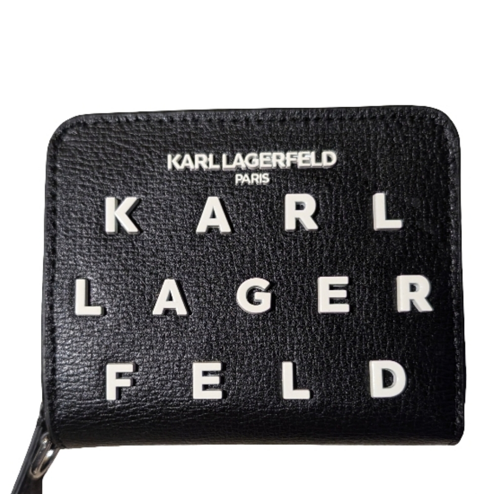 Karl Lagerfeld Paris Jacqueline Leather Wallet Black w/ Raised Block Lettering